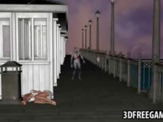 Buah dada besar 3d karikatur manis mendapatkan kacau oleh sebuah zombi