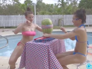 Camsoda teens with big bokong and big susu make a watermelon explode with karet ba
