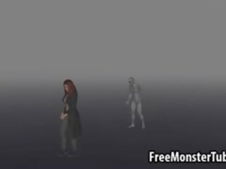 3d червенокоси гадно член и получава прецака от а зомби