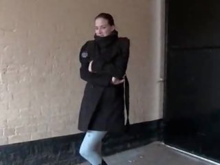Smashing to trot mademoiselle pisses in leggings and clips her tits in public