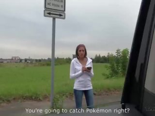 First-rate first-rate pokemon hunter busty seductress convinced to fuck stranger in driving van