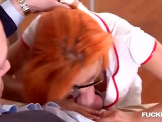 Nerdy redhead Rose Valerie fucked by patient and intern at the DP clinic